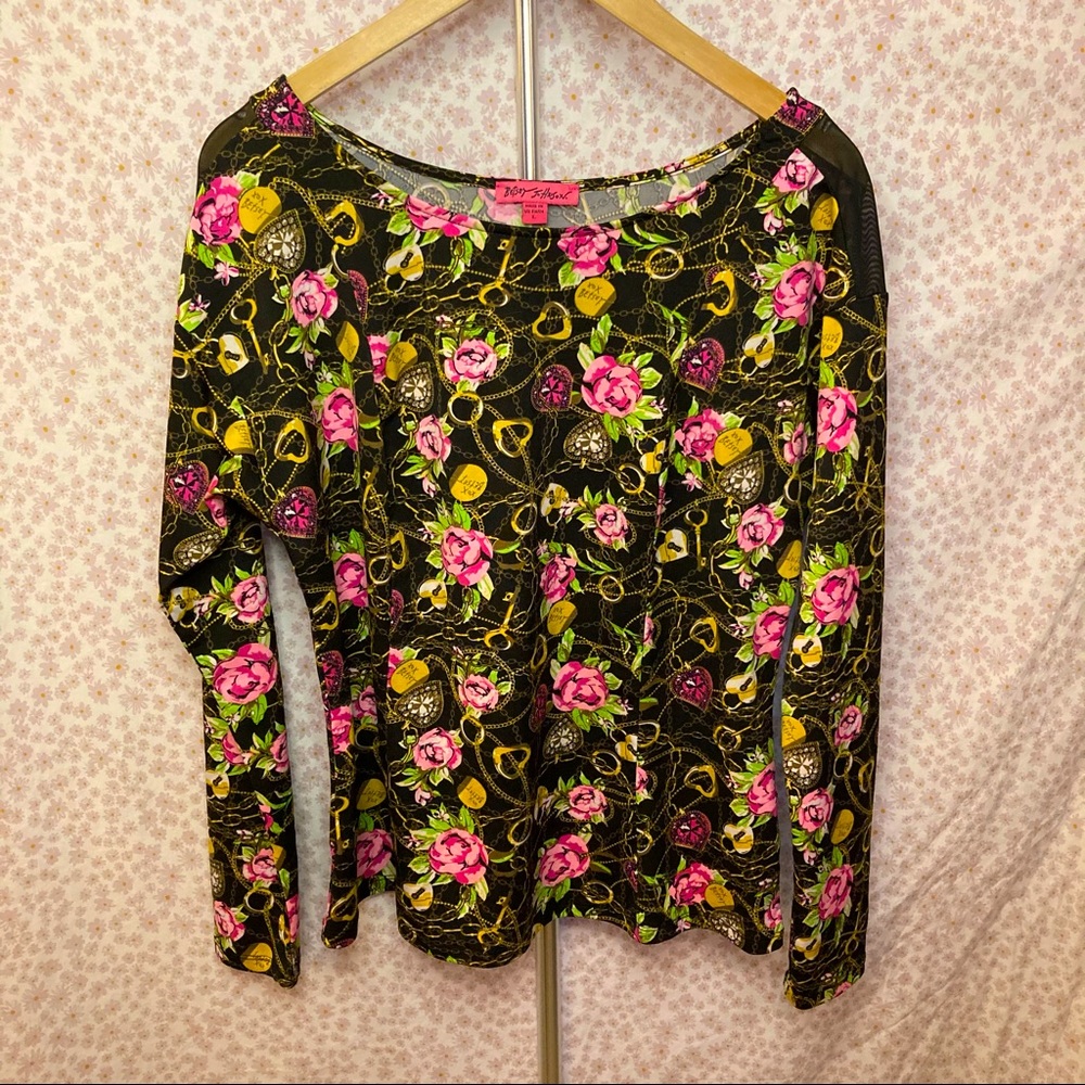 Betsey Johnson Chains and Roses Long Sleeve Top